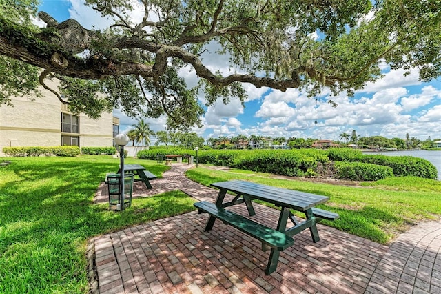 view of home's community featuring a water view and a lawn