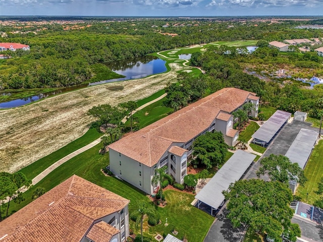 aerial view featuring a water view