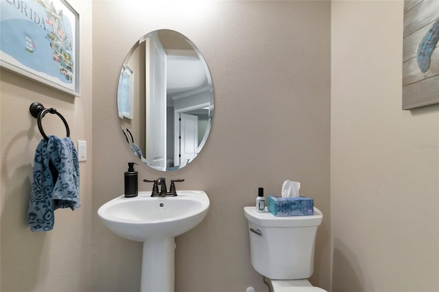 bathroom featuring crown molding and toilet