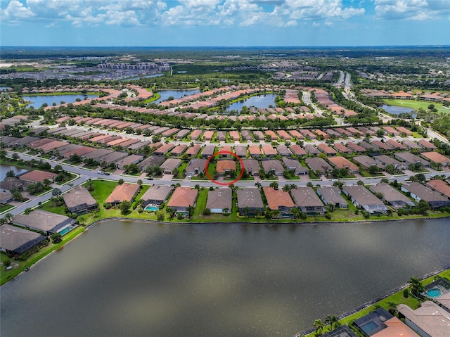 drone / aerial view featuring a water view