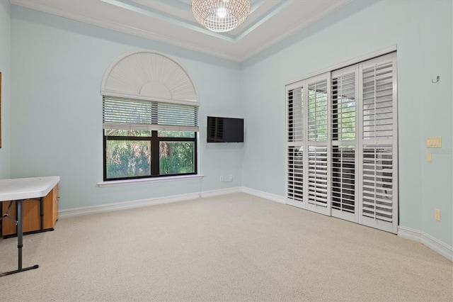 empty room with light carpet and ornamental molding