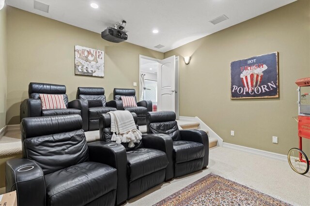 home theater featuring carpet flooring