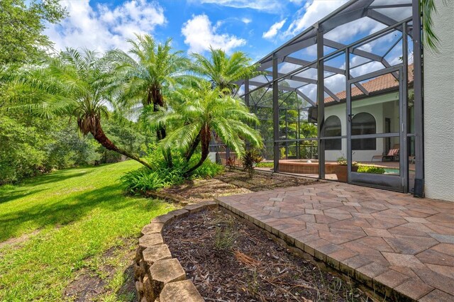 view of yard featuring a patio and a lanai