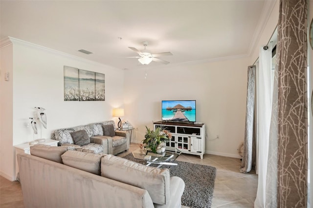 tiled living room featuring ceiling fan and crown molding