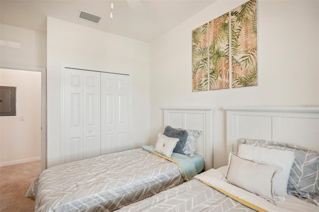 carpeted bedroom with electric panel and a closet