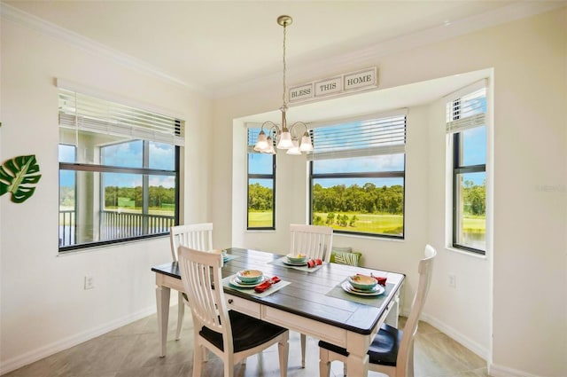 dining room with crown molding, baseboards, and a healthy amount of sunlight