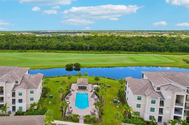 drone / aerial view with a water view