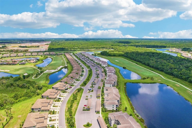 bird's eye view featuring view of golf course and a water view