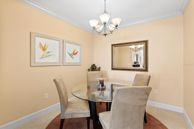 tiled dining area featuring a notable chandelier and crown molding