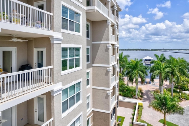 view of building exterior featuring a water view