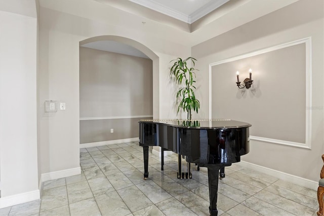 misc room with light tile patterned floors and ornamental molding