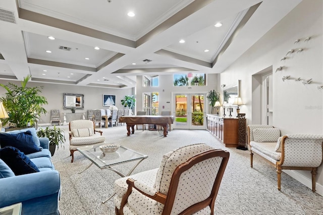 living room featuring carpet floors, french doors, coffered ceiling, beam ceiling, and a towering ceiling