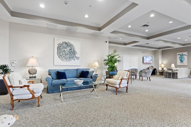 living room featuring beamed ceiling, ornamental molding, carpet, and coffered ceiling