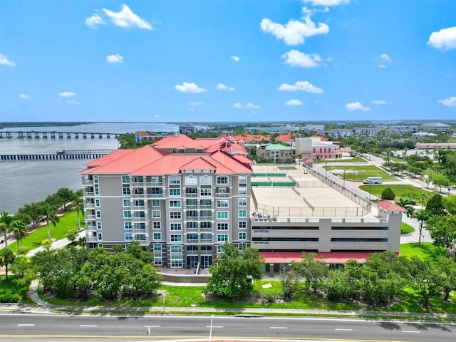 drone / aerial view with a water view