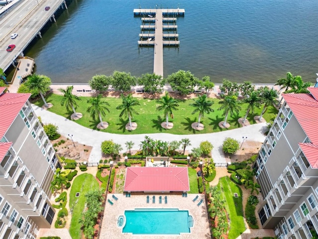 aerial view featuring a water view