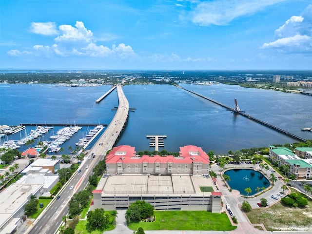 drone / aerial view with a water view