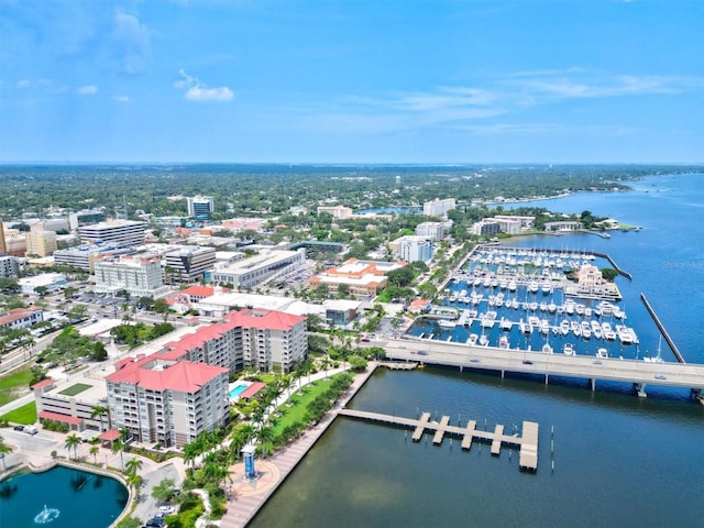 drone / aerial view featuring a water view