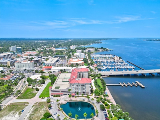 bird's eye view with a water view