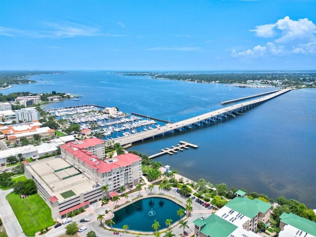 drone / aerial view with a water view