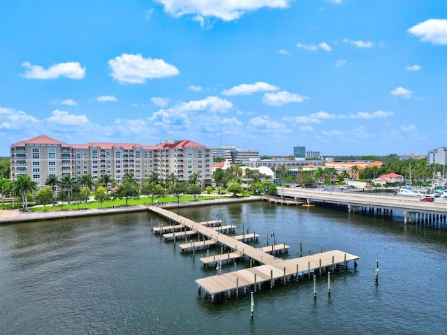 water view featuring a dock