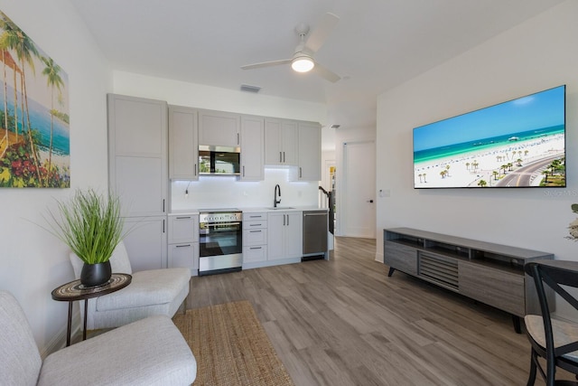 kitchen featuring gray cabinets, tasteful backsplash, sink, light hardwood / wood-style floors, and stainless steel appliances