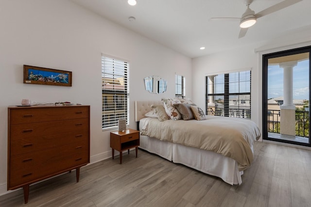 bedroom with light wood finished floors, recessed lighting, a ceiling fan, access to outside, and baseboards