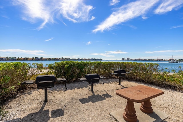 view of patio featuring a water view