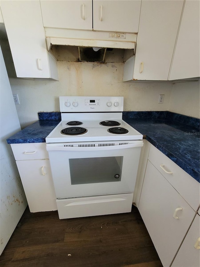 707 13th St W, Palmetto, FL 34221 - kitchen with white range with electric stovetop, dark wood-style floors, white cabinets, and under cabinet range hood