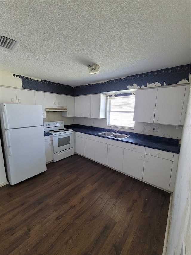 707 13th St W, Palmetto, FL 34221 - kitchen with under cabinet range hood, white appliances, dark countertops, and a sink
