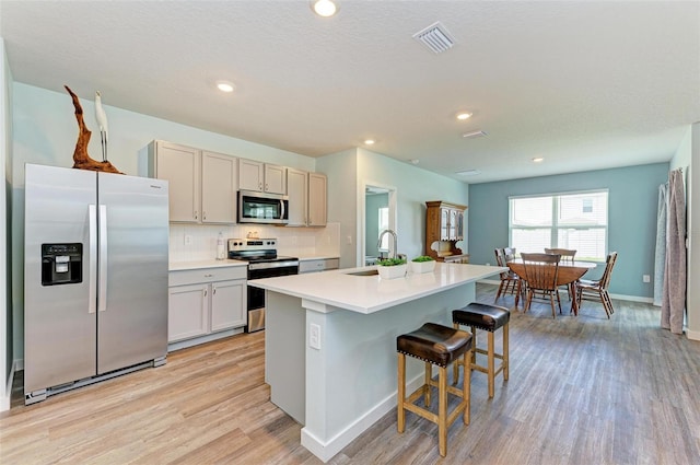 kitchen featuring light hardwood / wood-style flooring, tasteful backsplash, a kitchen island with sink, appliances with stainless steel finishes, and sink