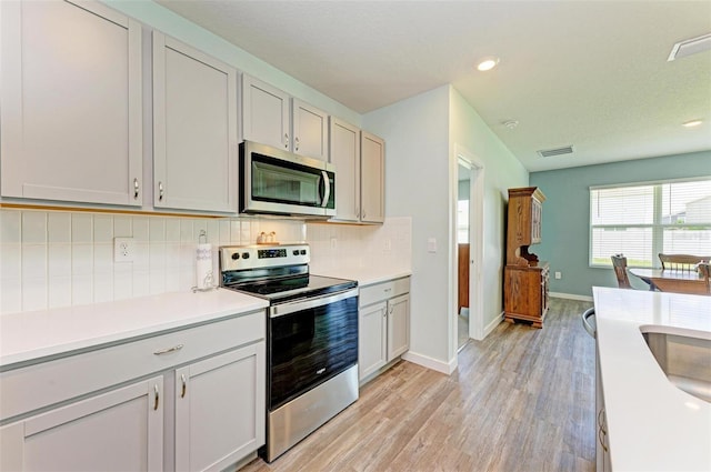 kitchen with gray cabinetry, decorative backsplash, stainless steel appliances, and light hardwood / wood-style floors