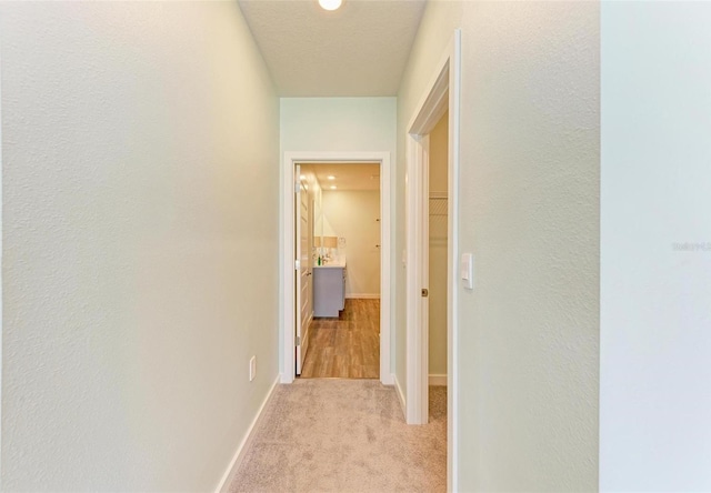 hall featuring light colored carpet