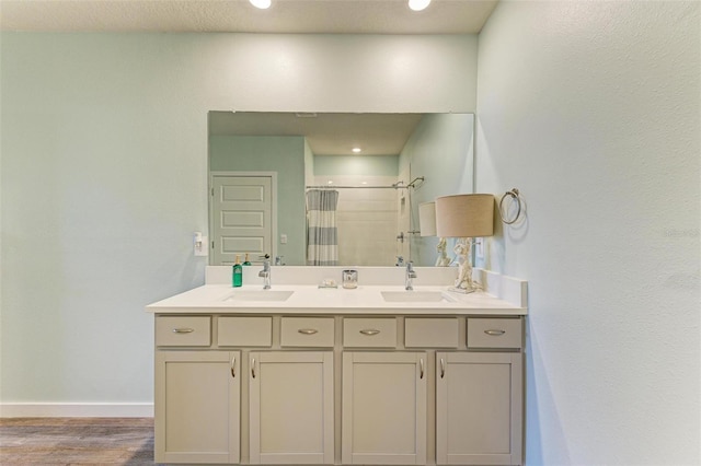 bathroom featuring wood-type flooring and dual bowl vanity