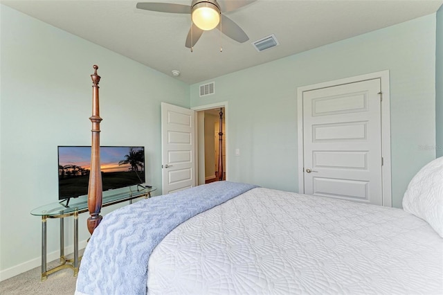 carpeted bedroom featuring ceiling fan