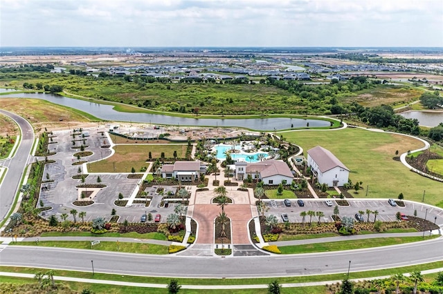 drone / aerial view with a water view