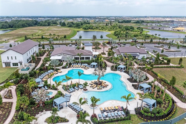 drone / aerial view featuring a water view