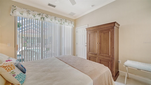 carpeted bedroom featuring access to outside, ceiling fan, and crown molding