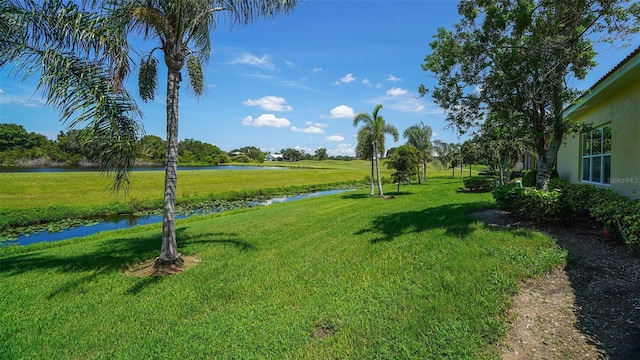 view of yard with a water view