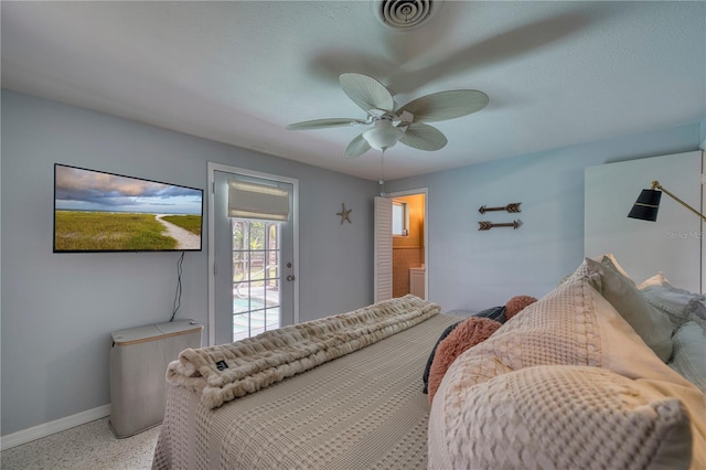 bedroom featuring access to outside and ceiling fan