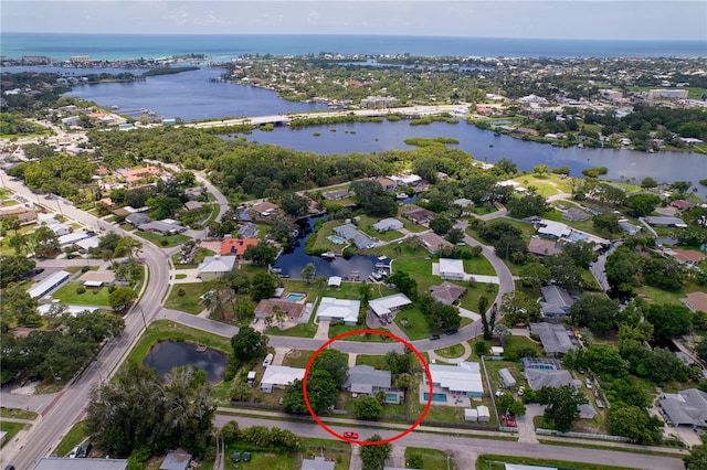 drone / aerial view featuring a water view