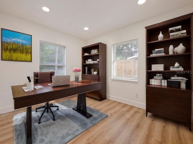 office space featuring a healthy amount of sunlight and light hardwood / wood-style floors