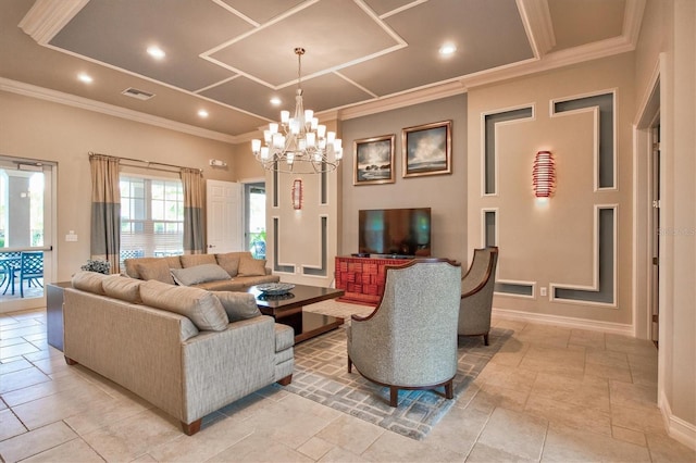 living area with baseboards, visible vents, stone tile flooring, crown molding, and recessed lighting