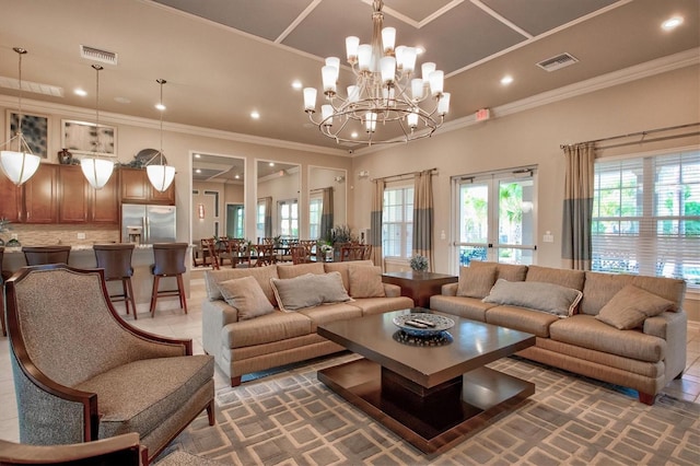 tiled living area featuring recessed lighting, visible vents, and crown molding