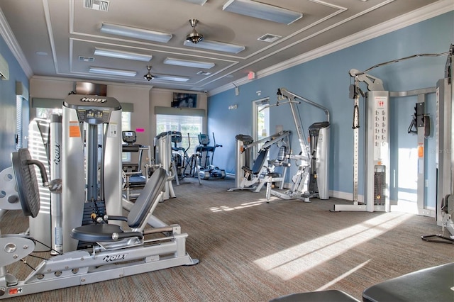 workout area with carpet floors, visible vents, and ornamental molding