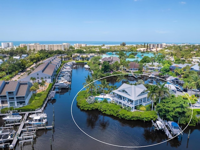 bird's eye view with a water view