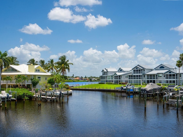 view of water feature with a boat dock