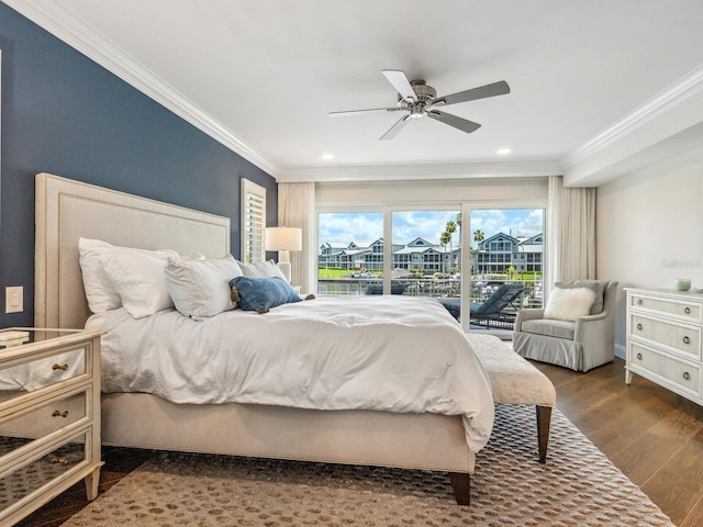 bedroom with access to outside, ornamental molding, dark hardwood / wood-style floors, and ceiling fan