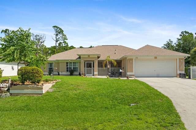 single story home featuring a garage, central AC unit, and a front yard