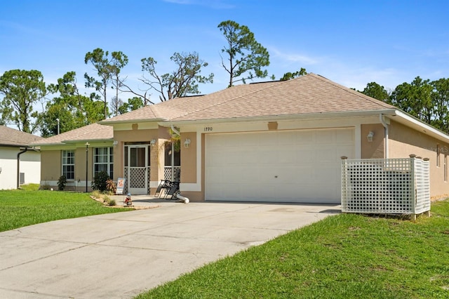 ranch-style house with a garage and a front yard