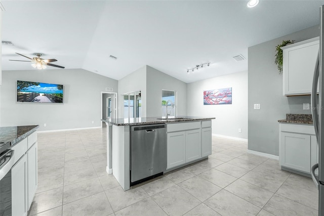 kitchen featuring sink, rail lighting, white cabinetry, dishwasher, and ceiling fan